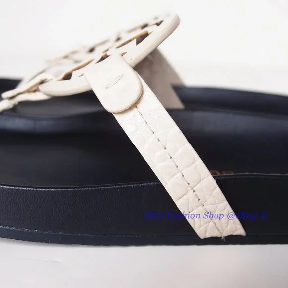 NIB Tory Burch Miller Cloud Leather Thong Sandal Cream Navy US 9 100% AUTHENTIC